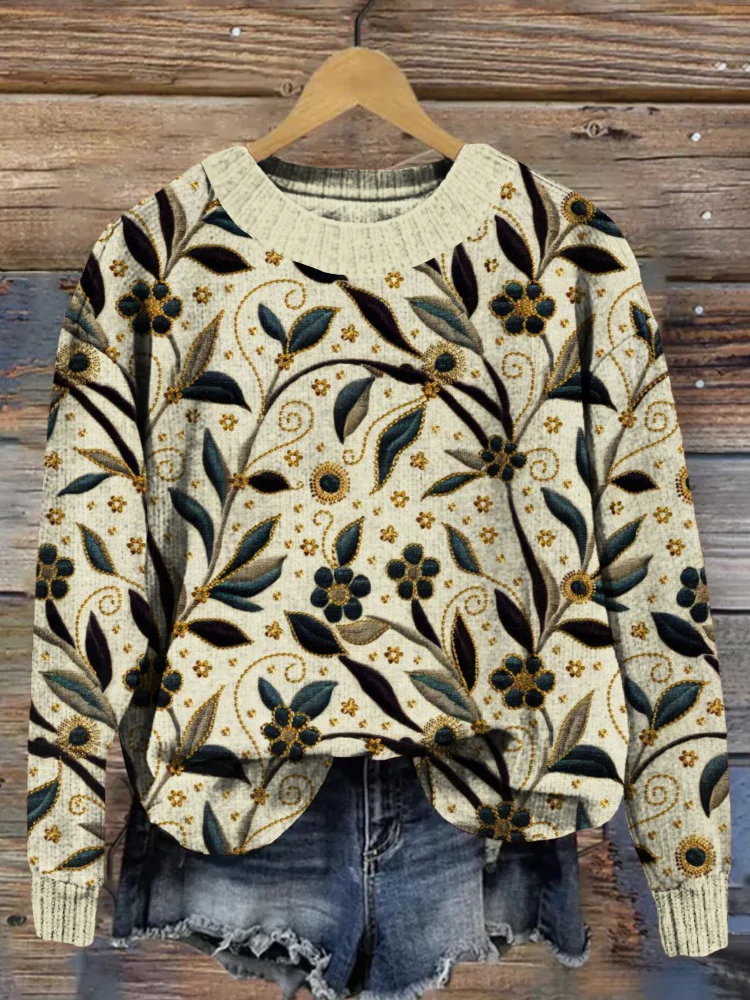 VChics Vintage Embroidery Elegant Flower Pattern Comfy Sweater