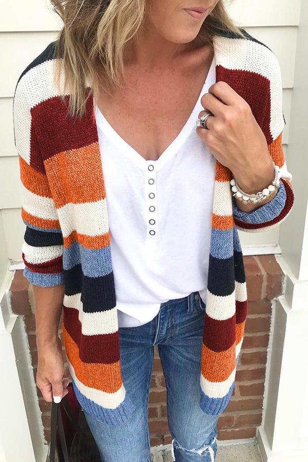 Cozy Contrast Striped Cardigan P11077