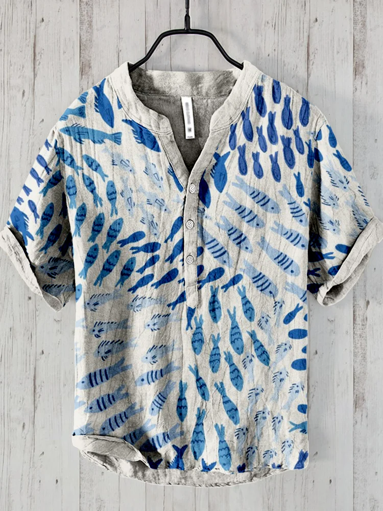 Comstylish Little Fish Art Pattern Linen Blend Cozy Shirt