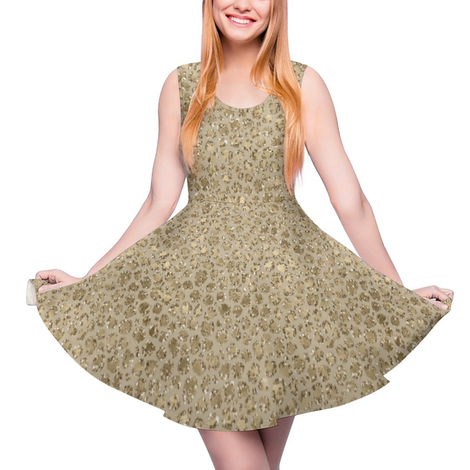 Antique Gold Glitter Leopard Summer Sleeveless Beach Dress, Casual Beach Petite Skater Sun Dress Gold & Leopard-L Antique Gold Glitter Leopard Summer Sleeveless Beach Dress, Casual Beach Petite Skater Sun Dress Gold & Leopard-L