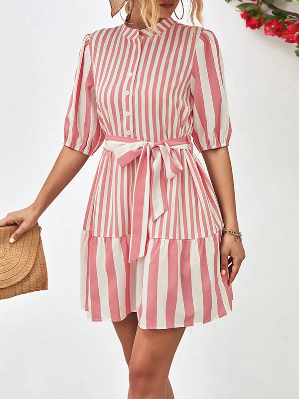 Buttoned Striped Half Sleeves Roomy Stand Collar Mini Dresses