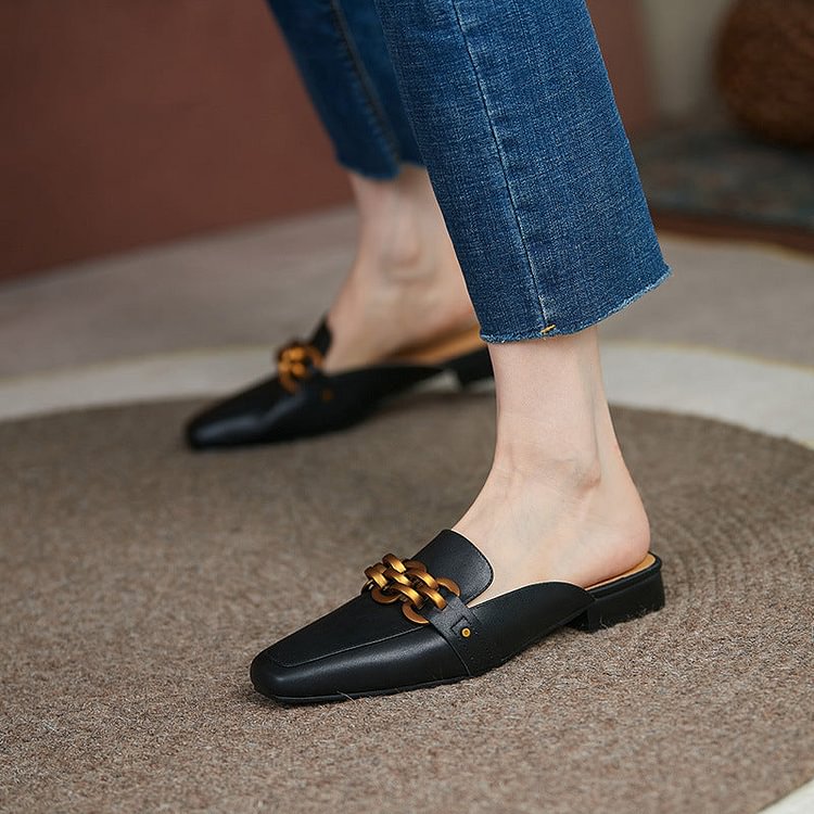 Block Heel Black Mules With Chainlink Hardware