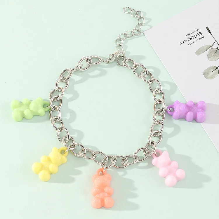 Naizhu Sweet Cool Style Thick Chain Cute Gum Bear Pendant Soft Girl Candy Color Resin Bear Bracelet