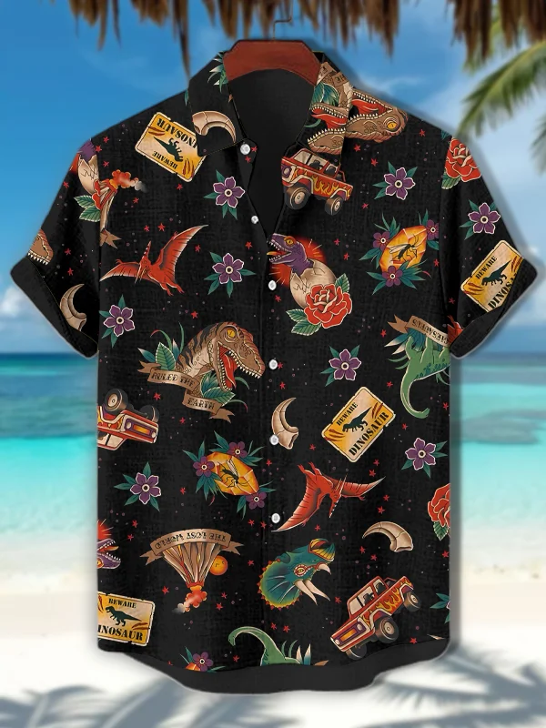 Men's Vintage Dinosaur Flower Cartoon Print Short Sleeve Shirt