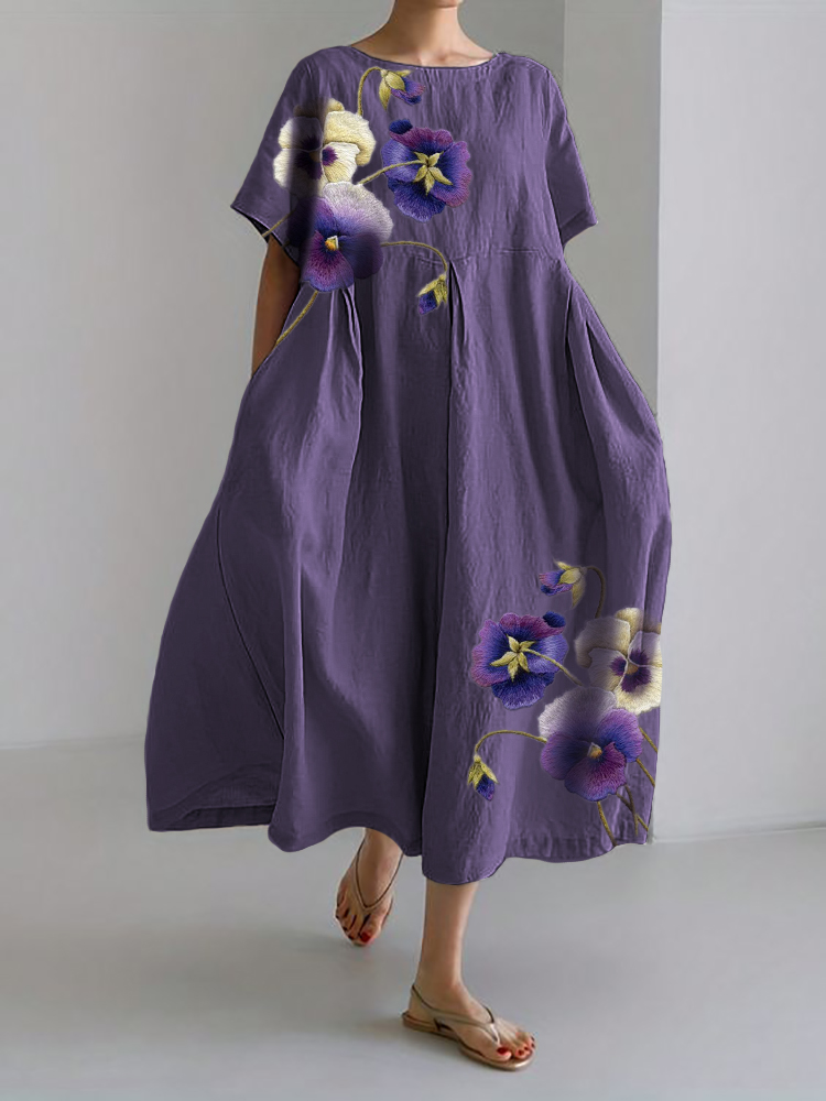 Classy Pansy Flowers Embroidered Linen Blend Maxi Dress