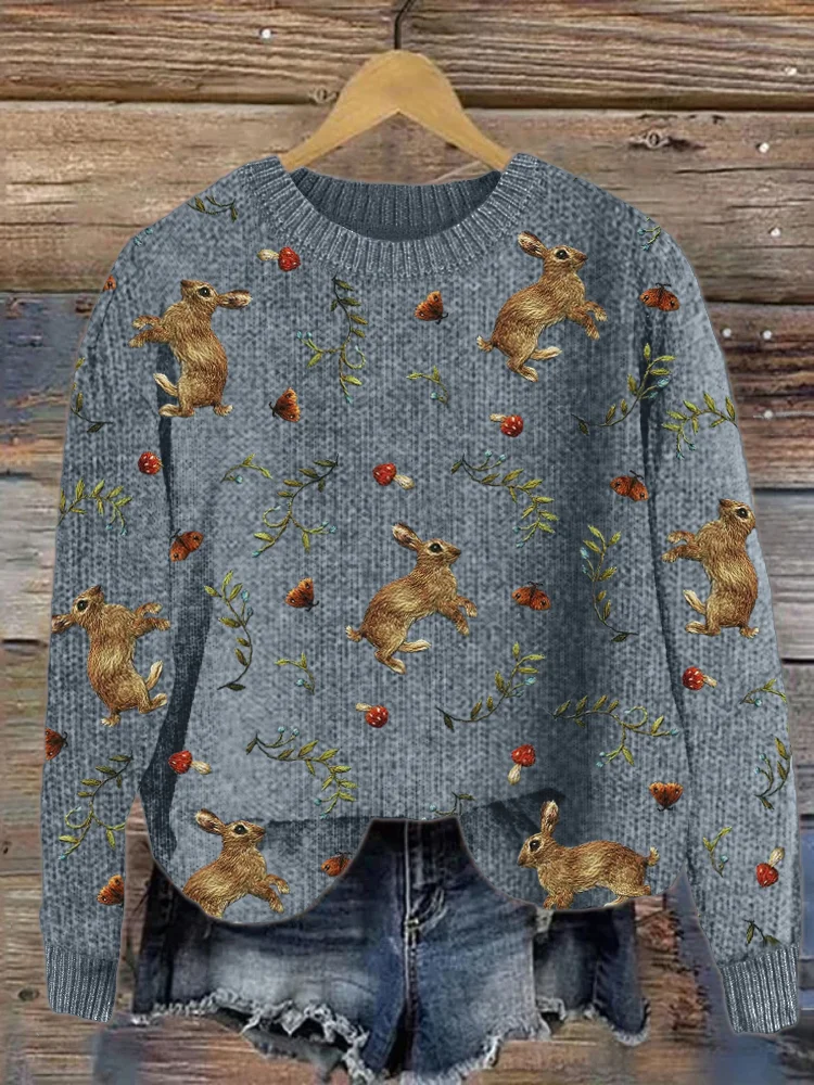 VChics Forest Hare Floral Embroidery Pattern Cozy Knit Sweater