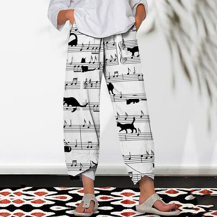 Comstylish Black And White Cartoon Sheet Music Cat Print Pants
