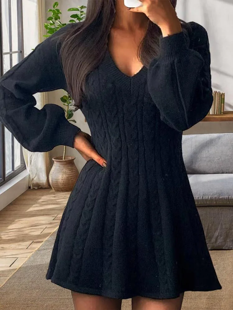 Waist-cinched Lantern Sleeve Word Knitted Sweater Dress socialshop