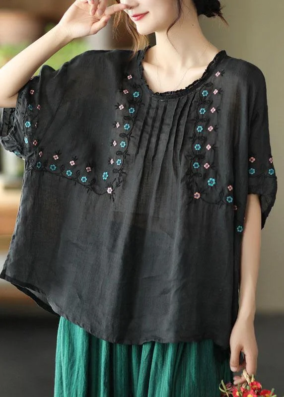 Chic Black O-Neck Embroidered Summer Ramie Half Sleeve