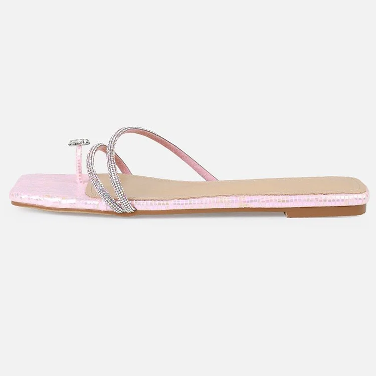 Pink Toe Ring Sandals Women's Square Toe Rhinestone Flat Mules |FSJ Shoes