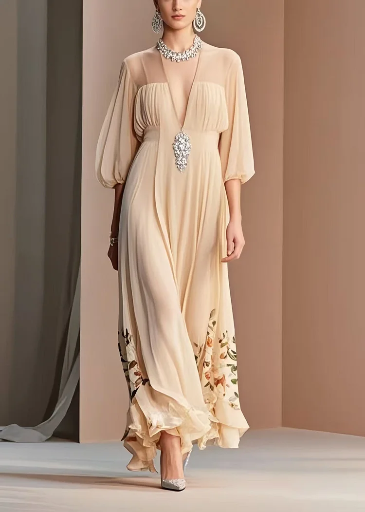 Italian Apricot Print Draping Chiffon Dresses Bracelet Sleeve Summer