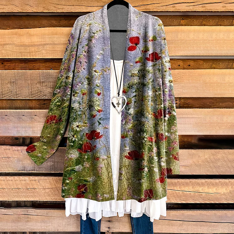 Vefave Vintage Oil Painting Floral Print Casual Cardigan