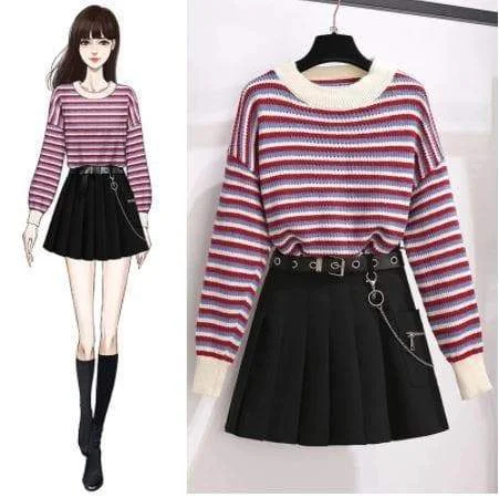 Kawaii Stripes Sweater Pullover Pleated Black Skirt Set SP16139