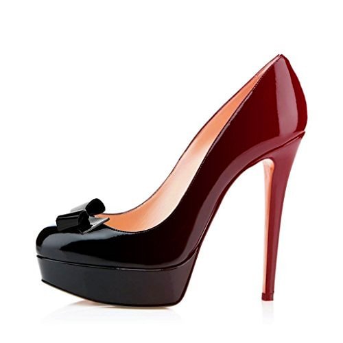 Black and Red Gradient Color Platform Bow Heels Patent Leather Pumps |FSJ Shoes