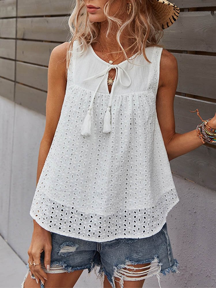 Solid Color O neck Knotted Sleeveless Casual Tank Top For Women P1834600