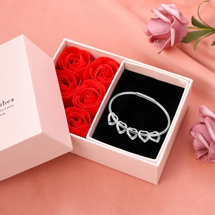 5 Names - Personalized Heart Bracelet with 5 Birthstones Custom Name & Birthstone Bracelet Gift for Her