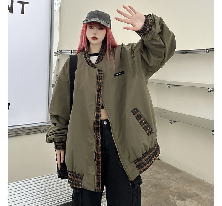 Tweed Panel Zip Bomber Jacket E546