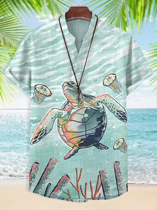 Men's Sea Turtle Jellyfish Watercolor Painting Art Print V Neck T-Shirt