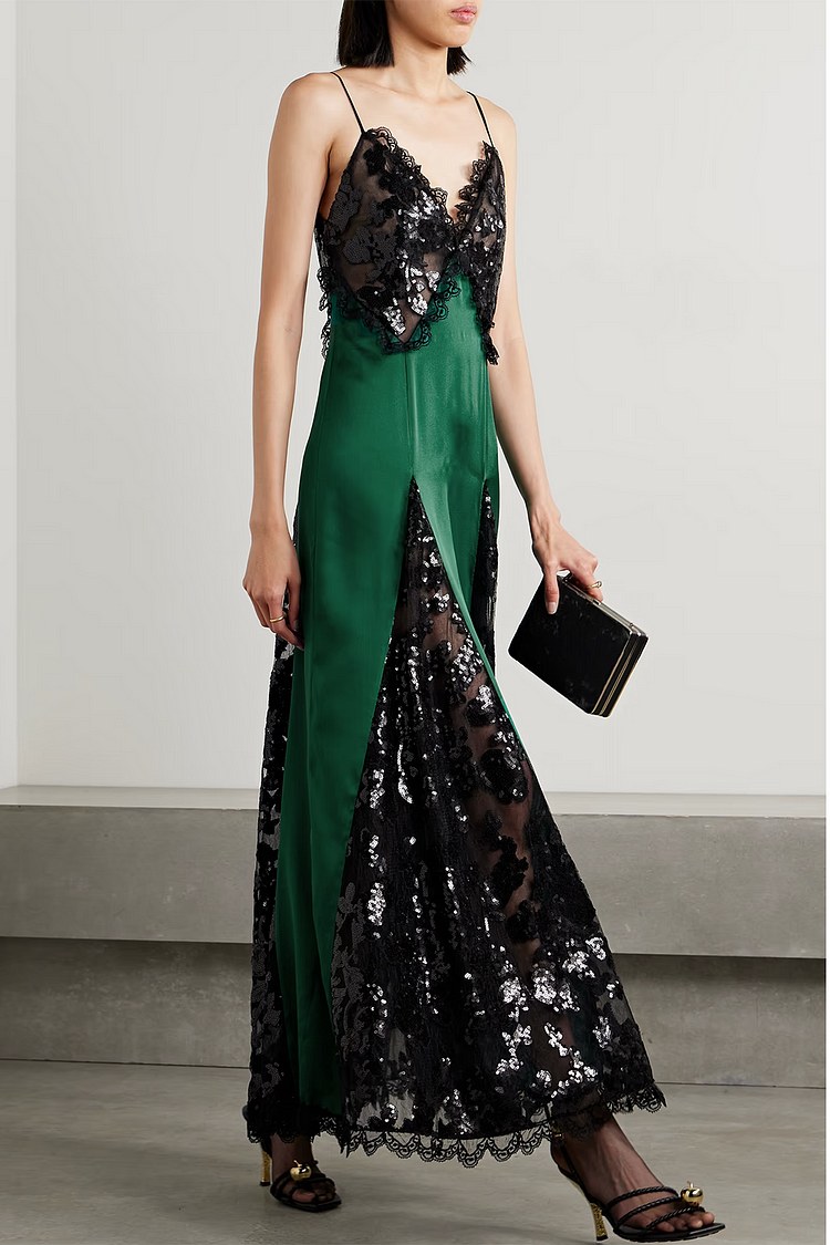 Prom Cami Pearl Lace Maxi Dress-Green Black [Pre-Order]