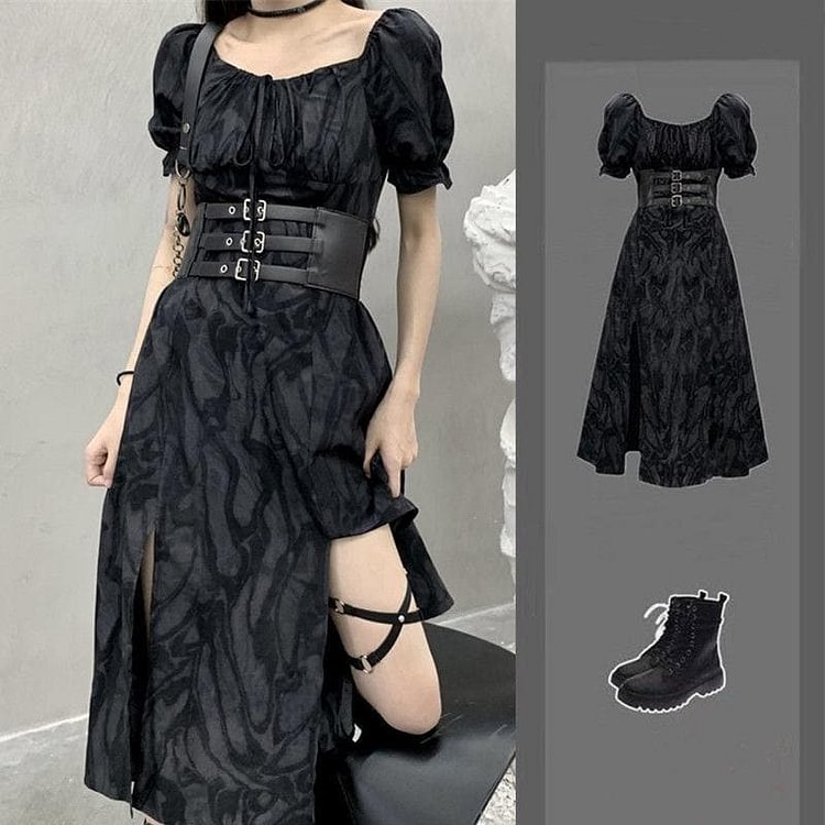 Cool Alternative Grunge Open Leg Long Black Gray Dress SP16321