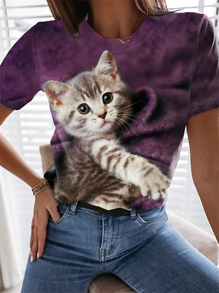 Women's Summer Explosion A Cat Pattern Print Round Neck Short Sleeve T-shirt-Cosfine