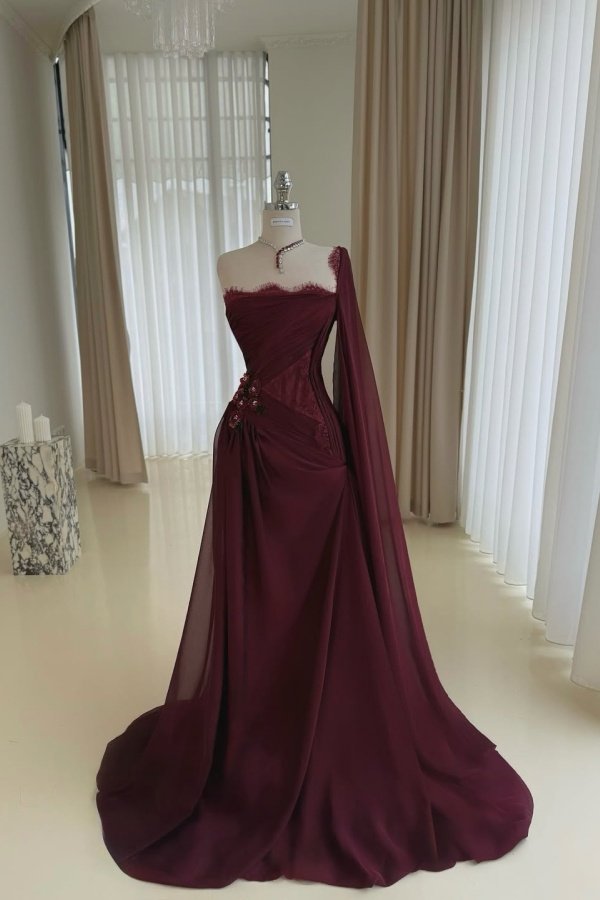 Lussooy Stunning Cabe met Chiffon One Shoulder Long Sleeves Prom Dress with Pleated