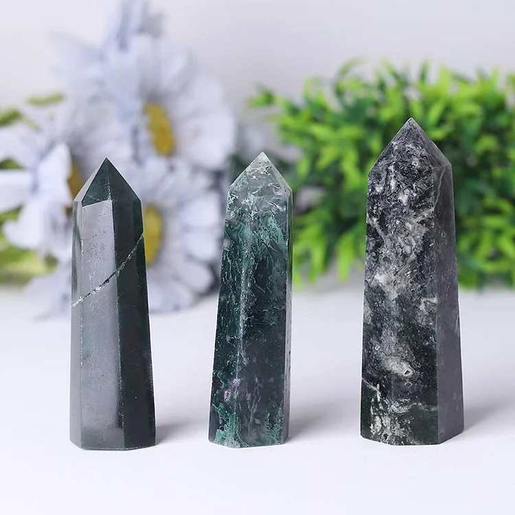 Natual Crystal Healing Moss Agate Point Wand Towers Points Bulk