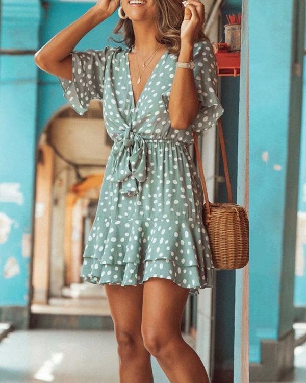 Ruffled Short Sleeve V-neck Polka Dot Lace Up Mini Dress - Chicaggo