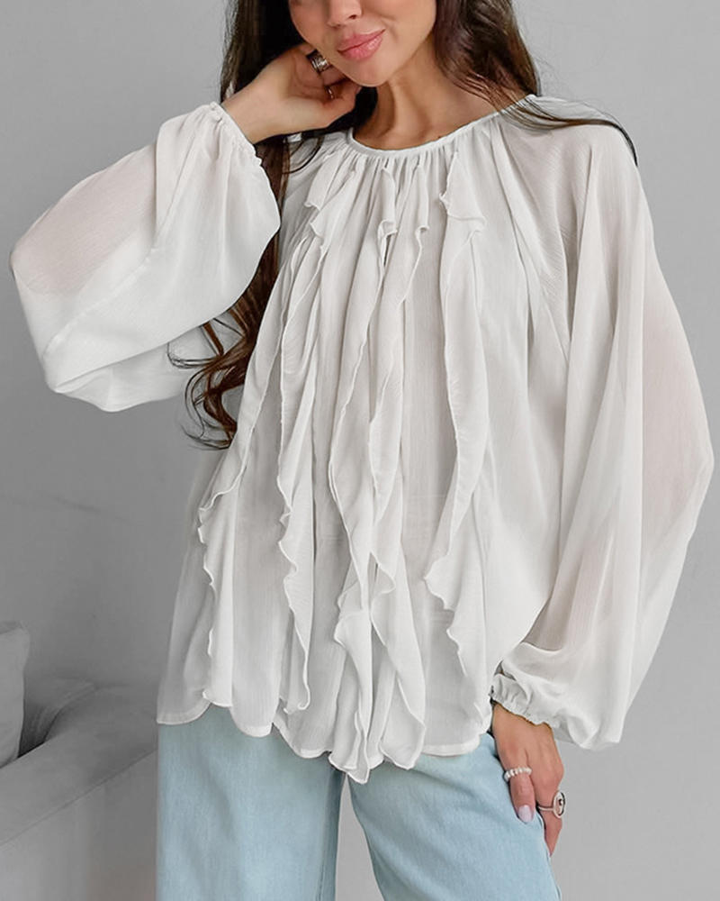 Ruffled Detail Puffed Long Sleeve Round Neck Top