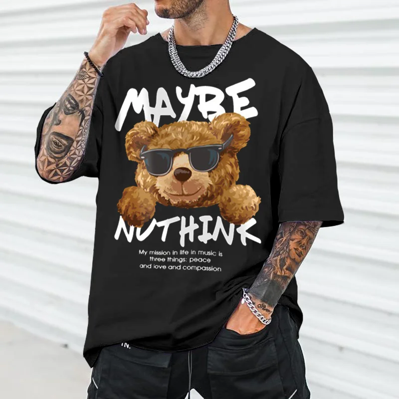 Casual And Loose Cartoon Bear Round Neck Unisex T-shirt-barclient