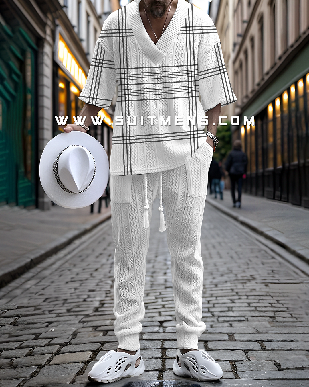 Men's V-neck luxury line textured print trouser Set 035
