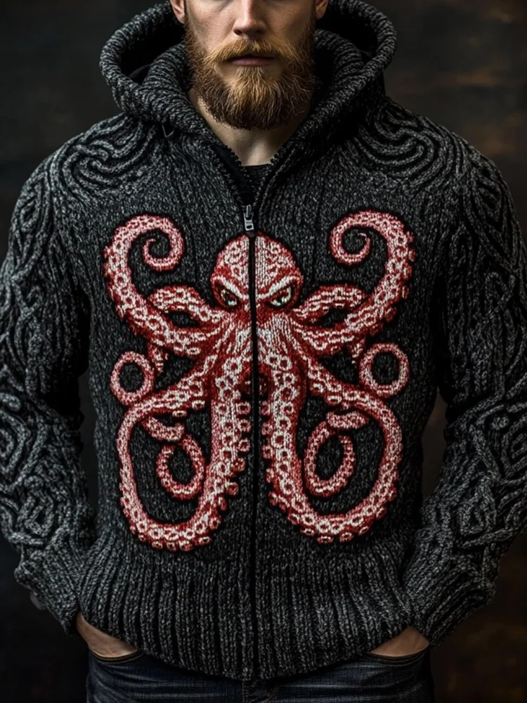 Men's Octopus Embroidered Cozy Chunky Hooded Cardigan