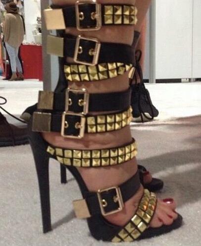 VCSHOES Rivets Straps Open Toe Ankle Wraps Stiletto High Heel Sandals