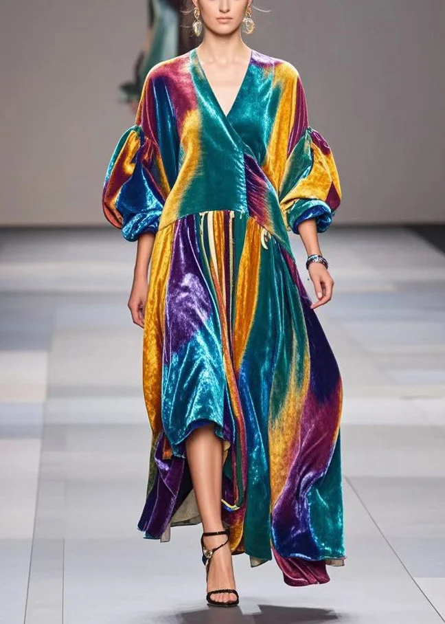 Boho Gradient Color Exra Large Hem Silk Velour Dress Lantern Sleeve