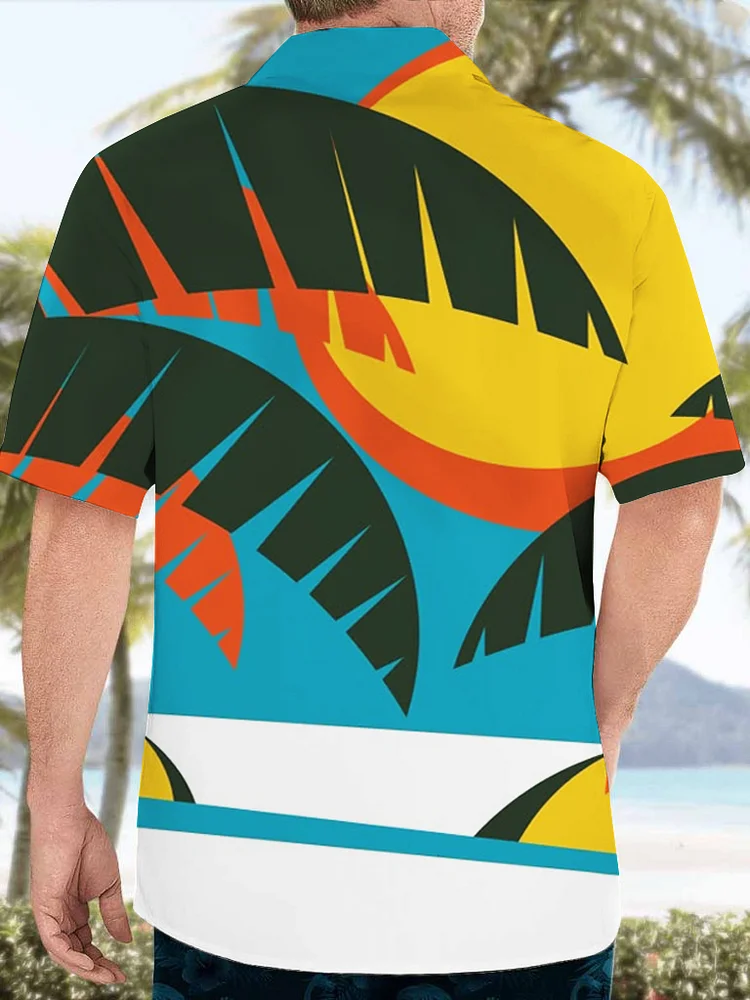 Men's Coconut Leaf Color Block Art Print Casual Shirt