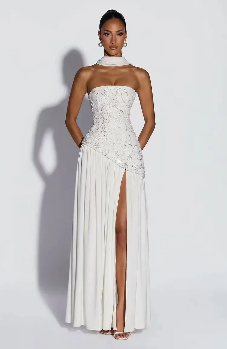 straight chiffon dress Sophisticated White Split Across Beaded Long Prom With Scarf ZJ0101 NWT Max Studio Electric Mean blvd bubblering Please select size...:Small/Medium while the chiffon fabric