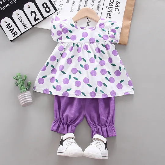 【12M-3Y】Girls' Adorable Orange Cartoon Print Outfit Set