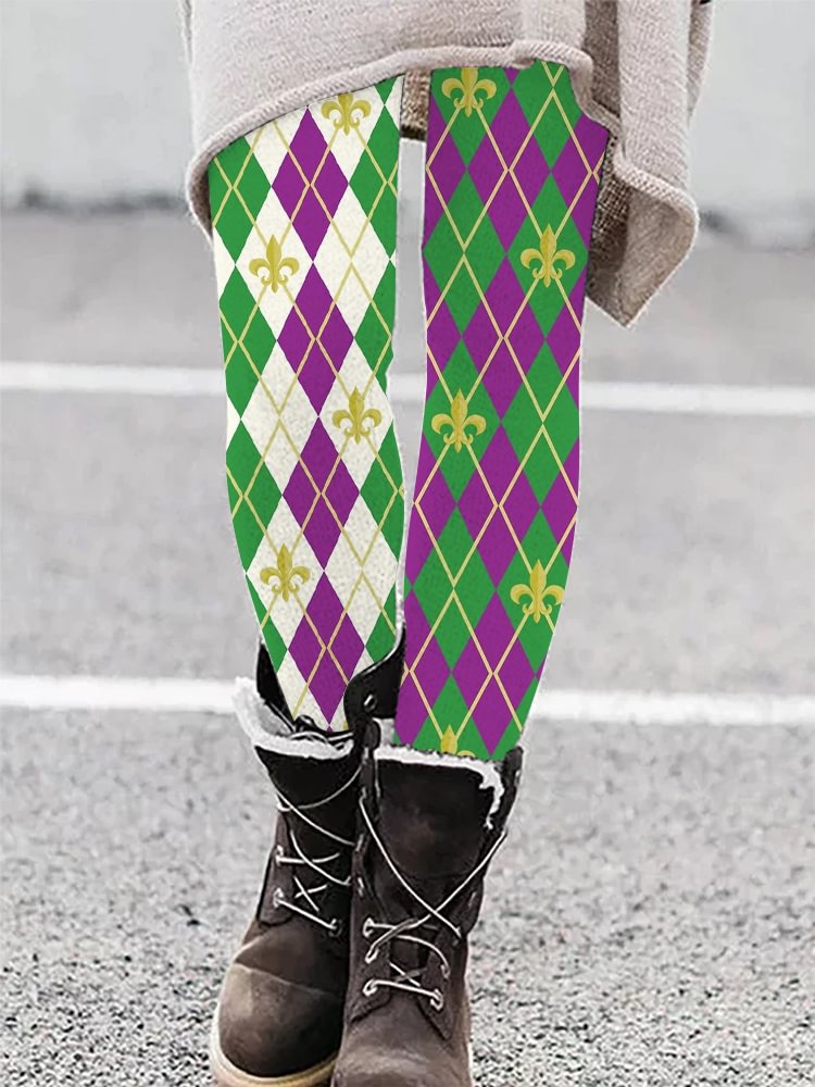 Mardi Gras Fleur De Lis Plaid Print Casual Leggings