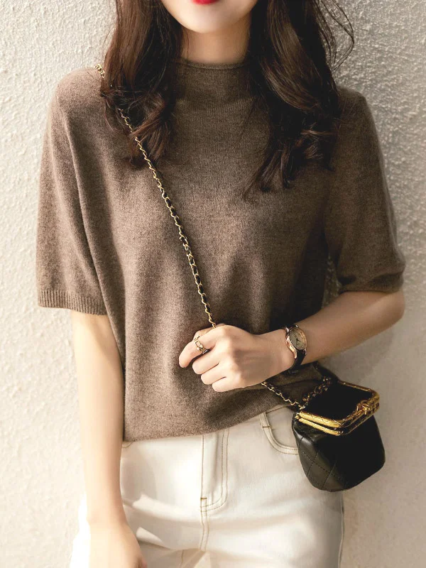 Simple Solid Color Round-Neck Short Sleeves Sweater