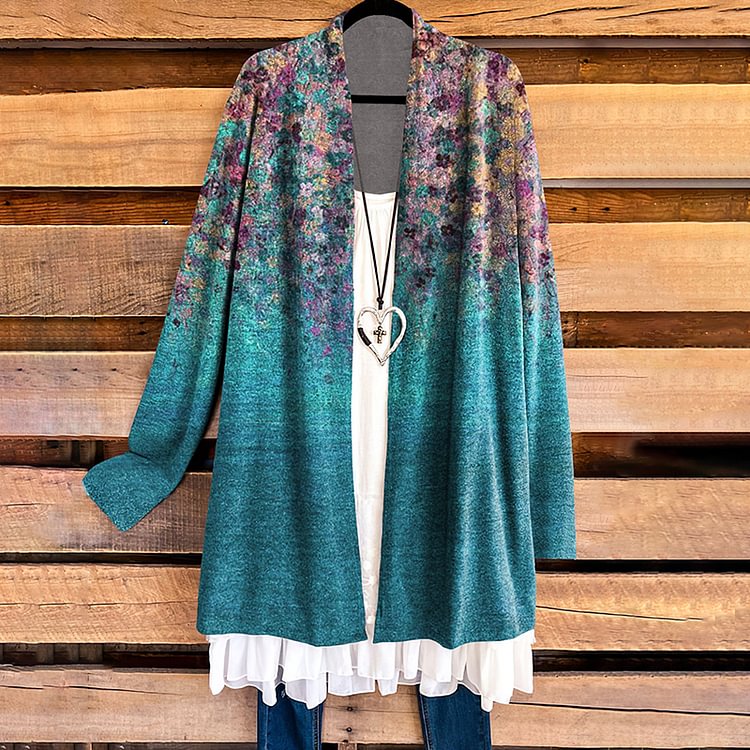 Vefave Long Sleeve Gradient Floral Print Cardigan