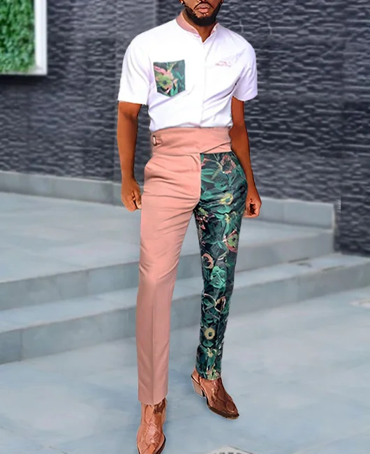 Fashion Foliage Print Stand Collar Short Sleeve Shirt & Straight Pants 2Pcs Set 