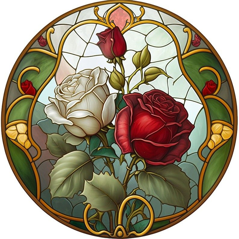 Stained Glass Red Flowers 30*40cm(canvas) full round drill diamond painting