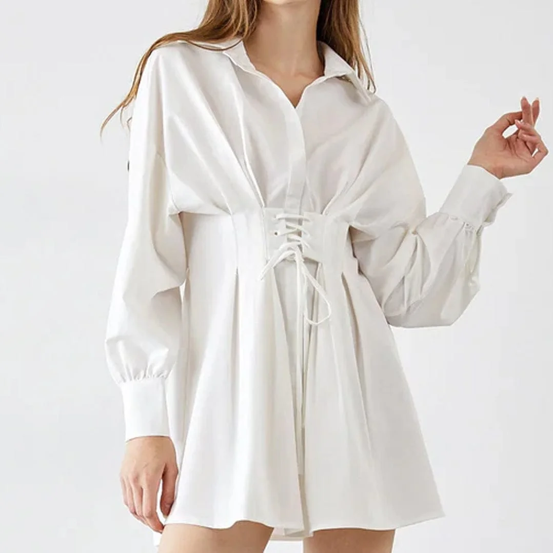 Abebey Adalie White Cinched Waist Shirt Dress