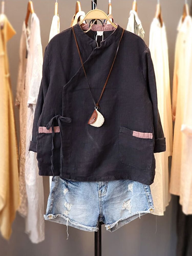 Solid Color Stand Collar Button Drawstring Blouse With Pocket P1665750