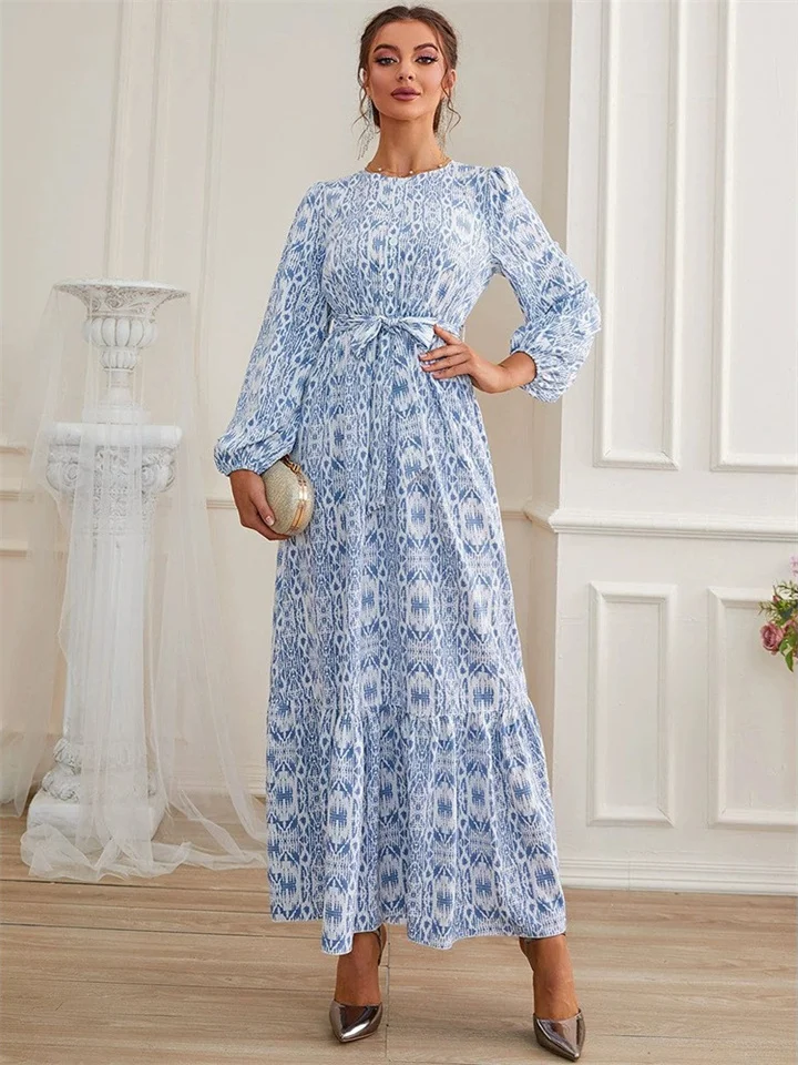 Women's Spring and Summer New Fashion Round Neck Gradient Color Long-sleeved French Oversized Hem Dress High Waist Dress