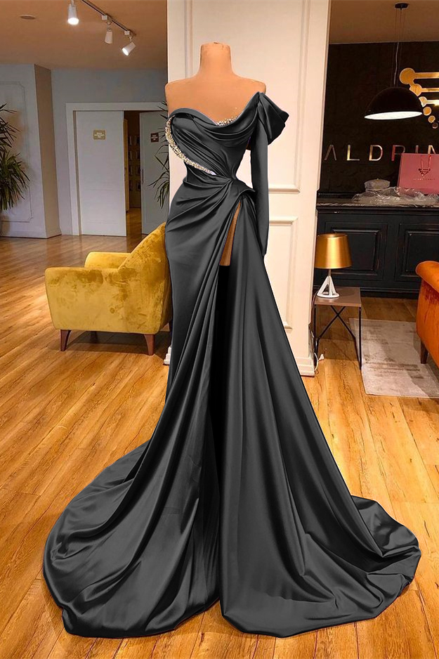 Daisda One-Shoulder Purple Long Sleeves Beadings Evening Dress Split Mermaid