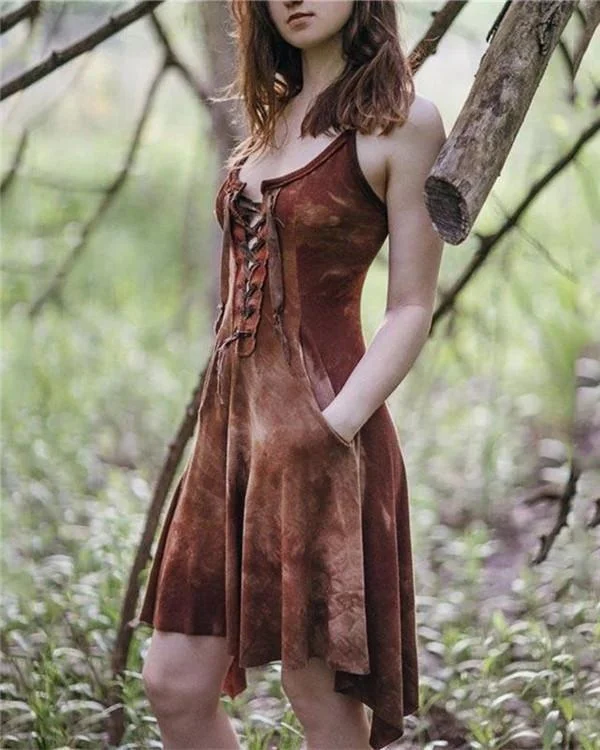 Ladies' Lace-Up Retro Tribal Pleated Dress