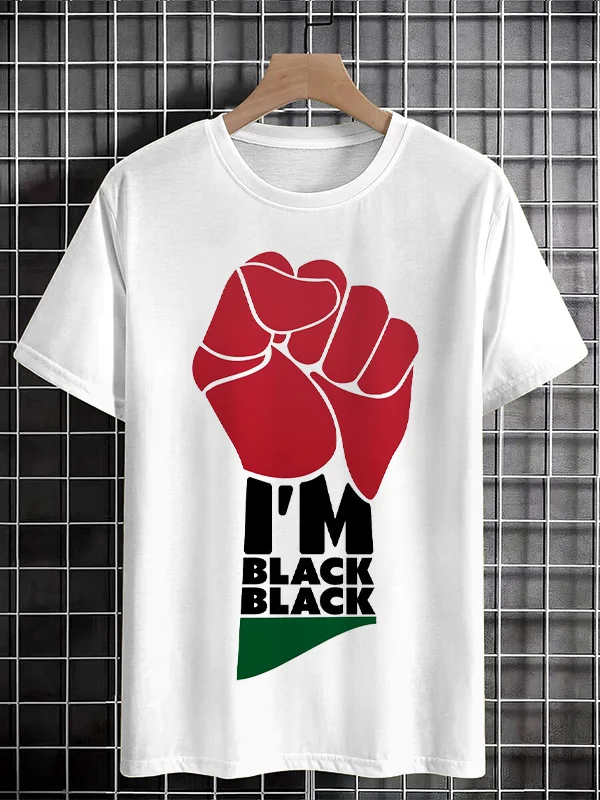 Men's Black Fist Illustration Print Cotton Casual T-Shirt