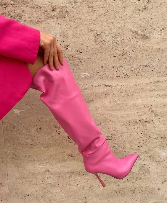 VCSHOES Women Knight Boots Pointed Toe Knee High Booties Pink White Thin High Heels Long Boots Woman 44
