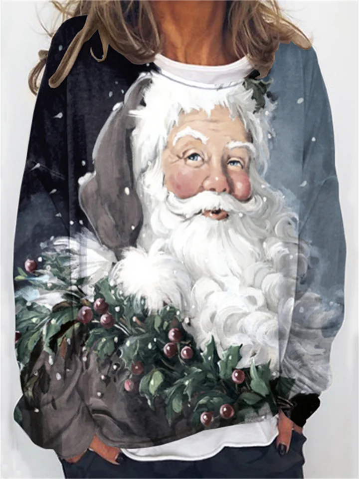 Women's Sweatshirt Pullover Sweatshirt Digital Printing Santa Claus White Bearded Old Man Round Neck Long Sleeve Top